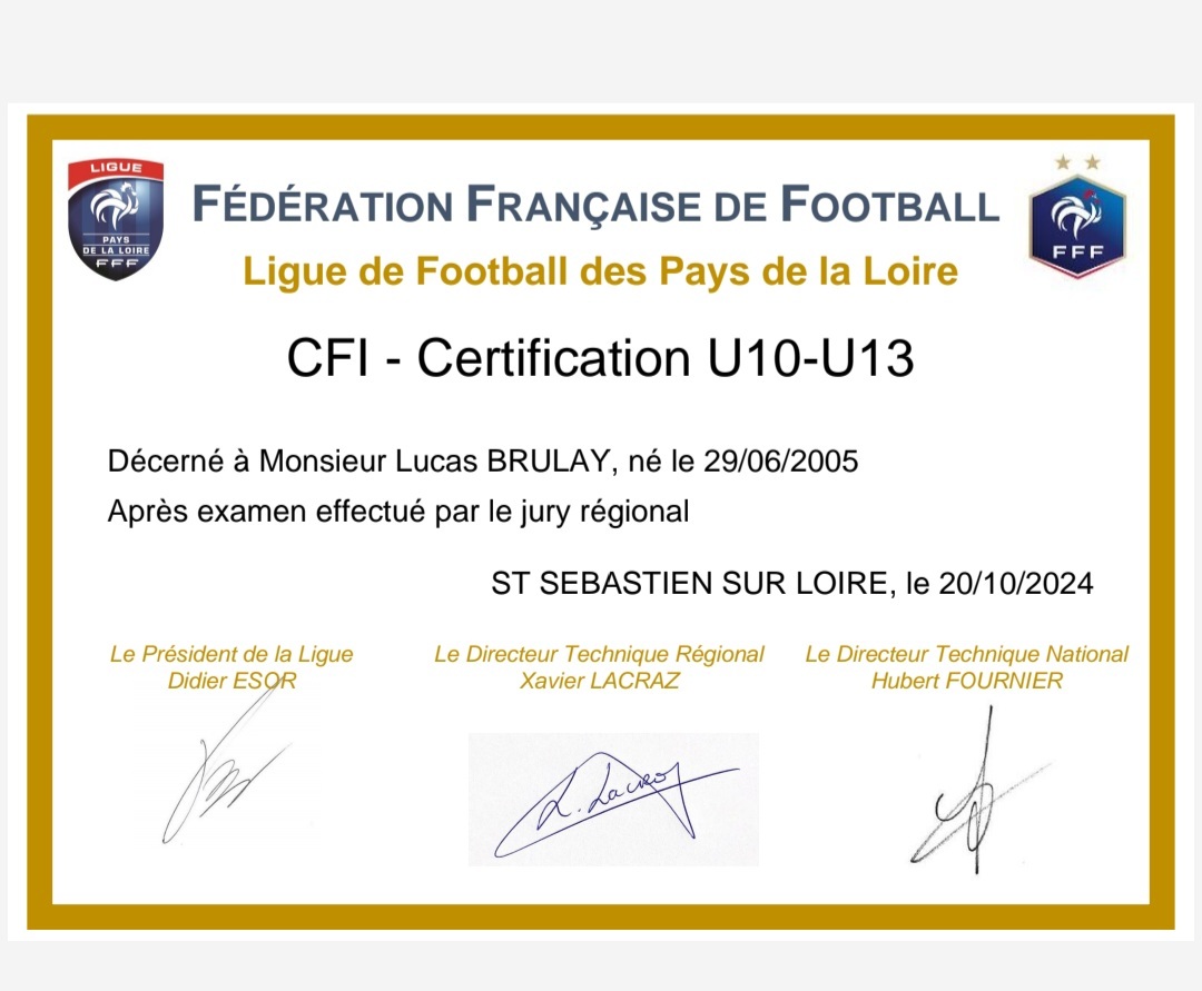 CFI  U10 U13 obtenue pour Lucas 👏