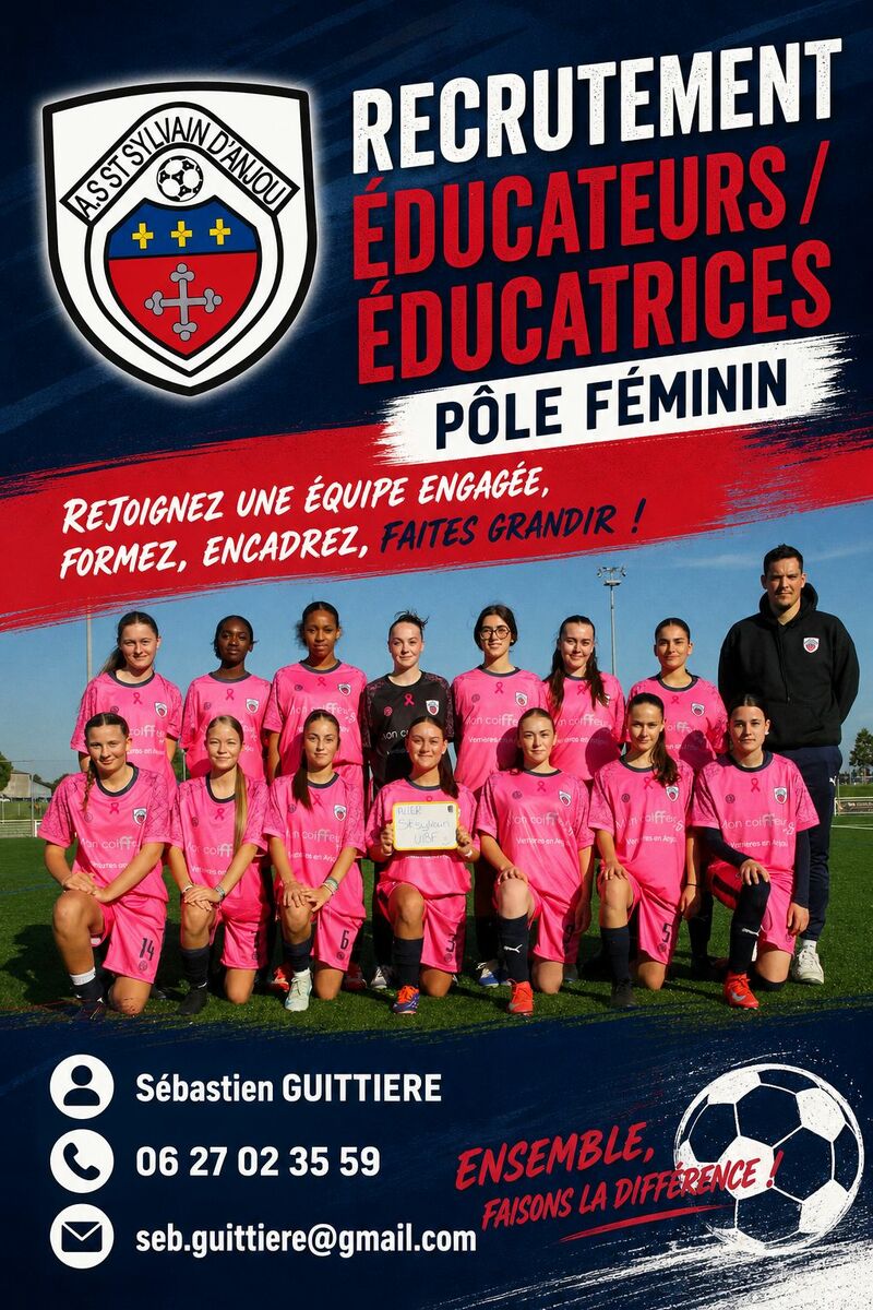 📣 recrutement ÉDUCATRICES/EDUCATEURS U13  ET U15 FÉMININES ⚽️