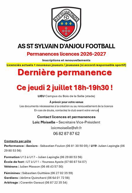 📣Ce jour jeudi 2 juillet dernière  permanence licences avant la reprise !