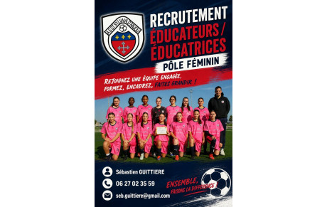 📣 recrutement ÉDUCATRICES/EDUCATEURS U13  ET U15 FÉMININES ⚽️
